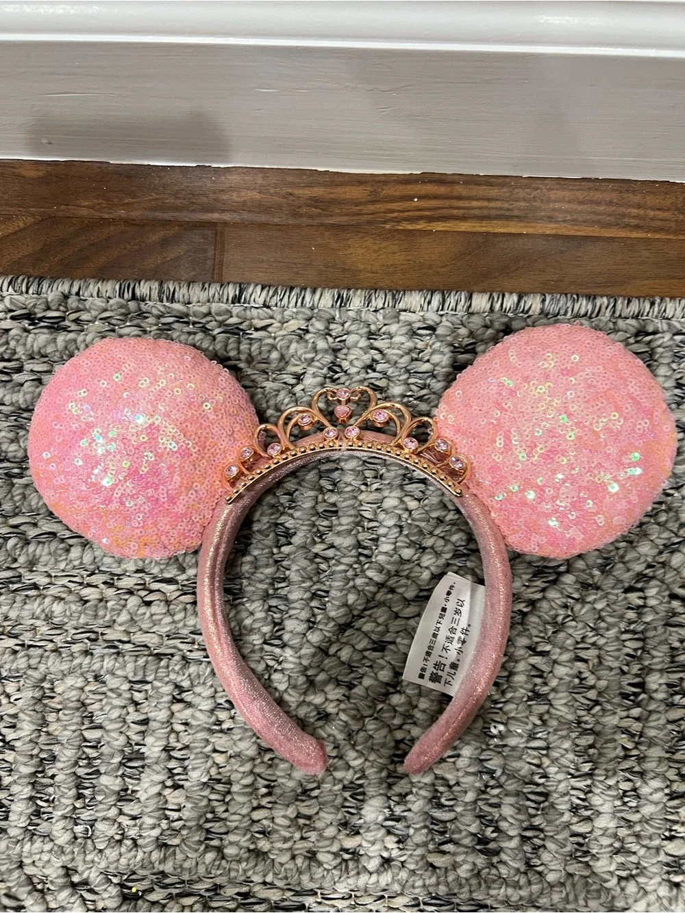 Disney Pink Sequin Minnie Ear Headband with Rose Gold Tiara